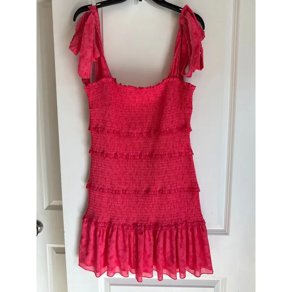 Bright Pink Smocked Floral Tiered Ruffle Mini Dress M Feminine - Picture 4 of 7